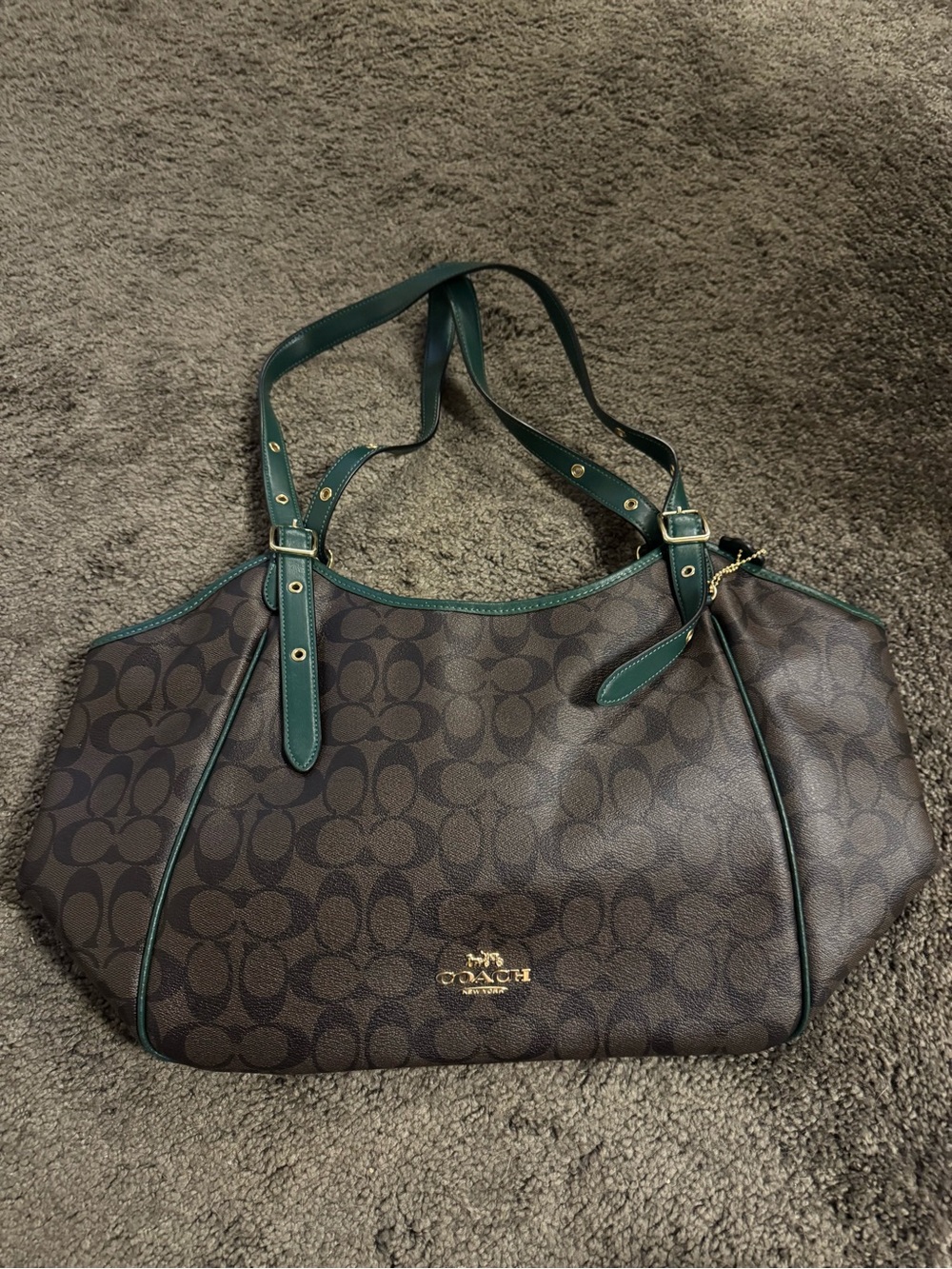 Coach Brown Signature Shoulder Bag with Green Trim